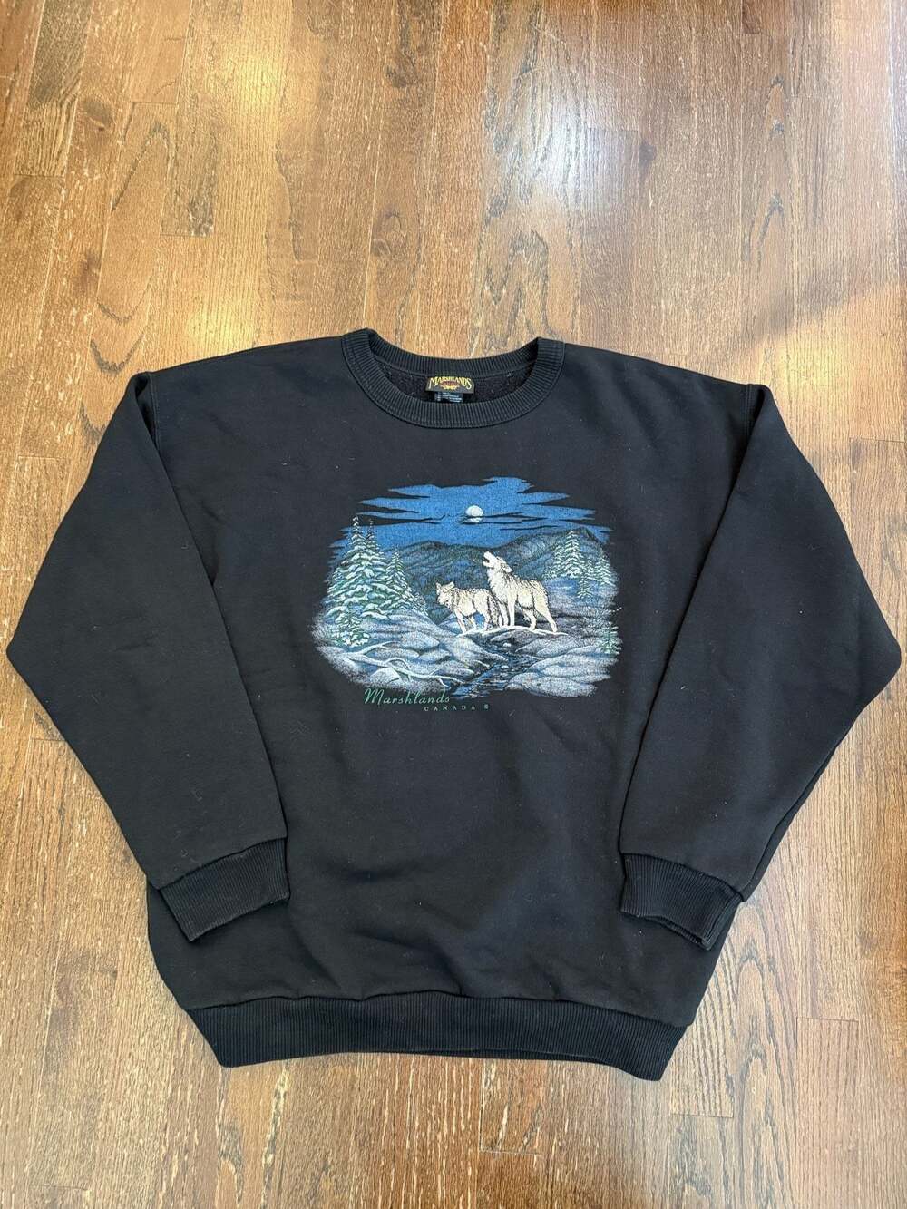 Vintage Marshlands Canada Black Wolf Moon Nature Sweatshirt Size Large